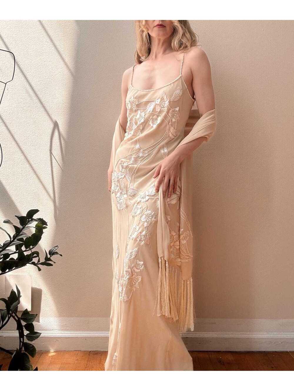 Vintage 1990s Sue Wong Ivory Embroidered Beaded Silk Chiffon Gown - Picture 3 of 9
